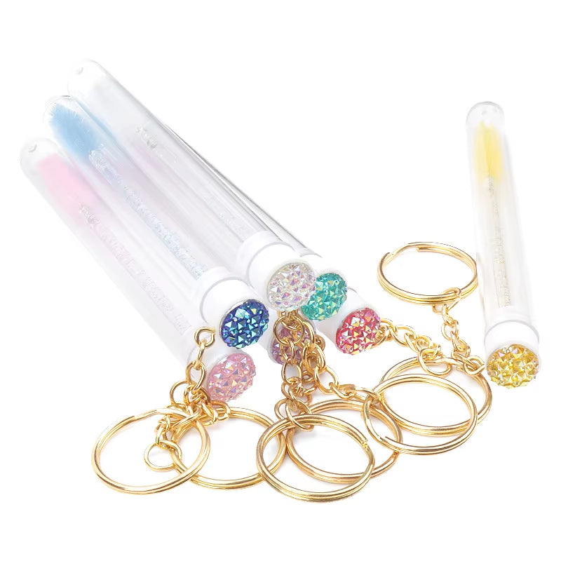 10Pcs Tube Eyelash Brush with Gold Keychain Eyebrow Comb Holder Mascara Wand Applicator Lash Extension Micro Brushes Makeup Tool