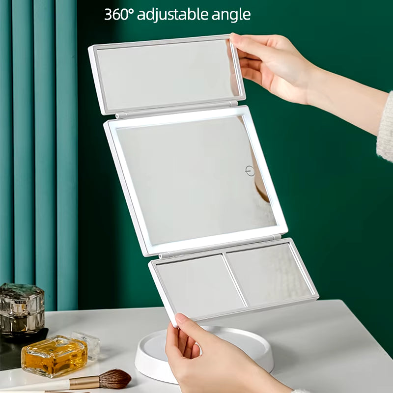 Tri-Folding LED Vanity Makeup Mirror Touch Screen 3 Tone Light 2X/3X Magnifying 360° Rotate Rechargeable Dimming Make up Mirror