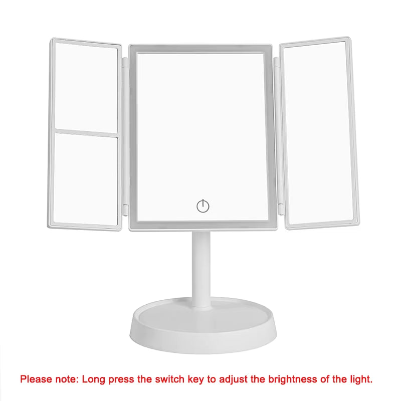 Tri-Folding LED Vanity Makeup Mirror Touch Screen 3 Tone Light 2X/3X Magnifying 360° Rotate Rechargeable Dimming Make up Mirror