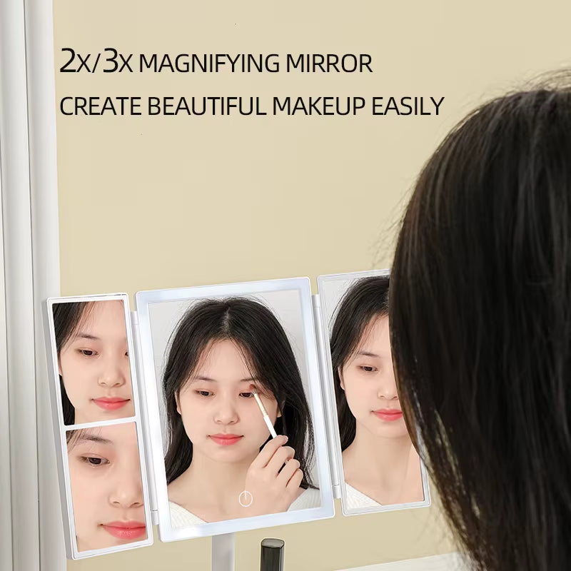 Tri-Folding LED Vanity Makeup Mirror Touch Screen 3 Tone Light 2X/3X Magnifying 360° Rotate Rechargeable Dimming Make up Mirror