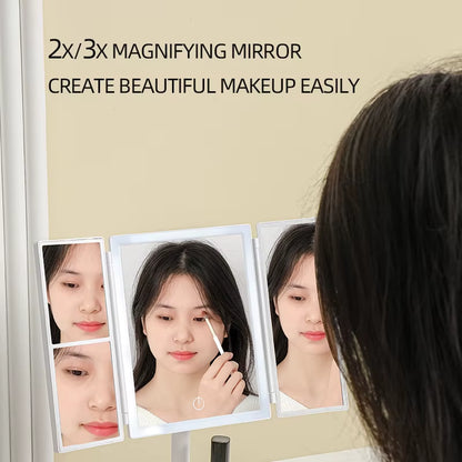 Tri-Folding LED Vanity Makeup Mirror Touch Screen 3 Tone Light 2X/3X Magnifying 360° Rotate Rechargeable Dimming Make up Mirror
