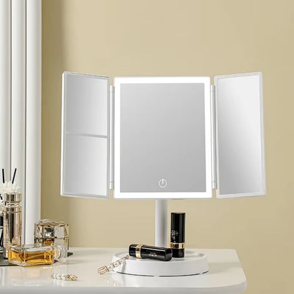 Tri-Folding LED Vanity Makeup Mirror Touch Screen 3 Tone Light 2X/3X Magnifying 360° Rotate Rechargeable Dimming Make up Mirror