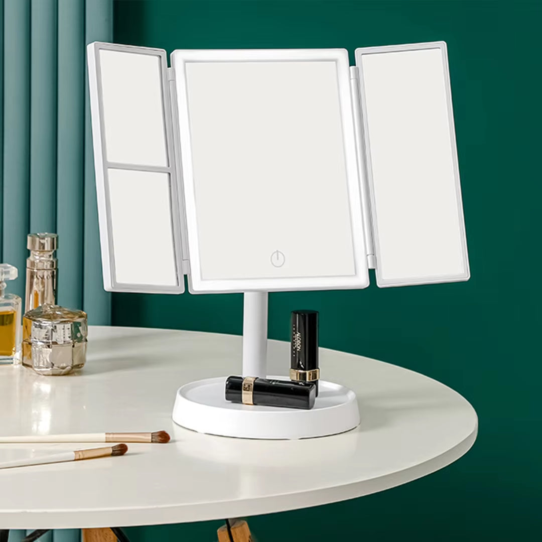 Tri-Folding LED Vanity Makeup Mirror Touch Screen 3 Tone Light 2X/3X Magnifying 360° Rotate Rechargeable Dimming Make up Mirror